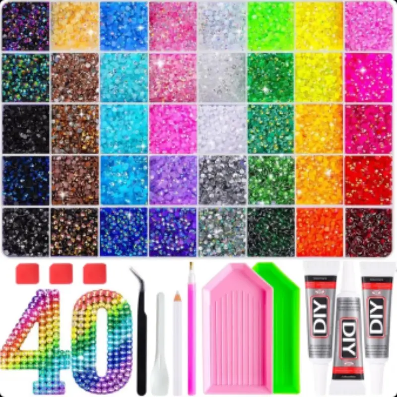 Premium 40 Shades Round Rhinestone Starter Pack, Complete Manicure Gem Accessories Kit,Full Color Range 40 Grid Rhinestone Set, Rainbow Mix, Multiple Sizes, Solid/aurora Colors, Nail Art Kit with Tools, DIY Craft Supplies
