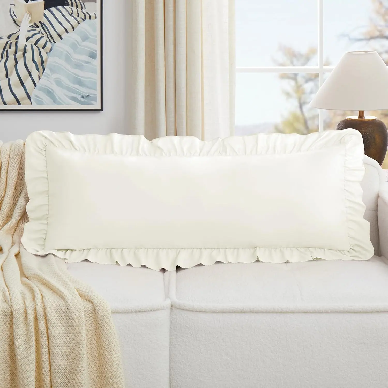 Beige  Pillow Covers 14x36 Inch Set of 1, Microfiber Ruffled Pillow Shams, Ruffle Sham Pillow Covers  Pillow Case for Couch Bed Livingroom