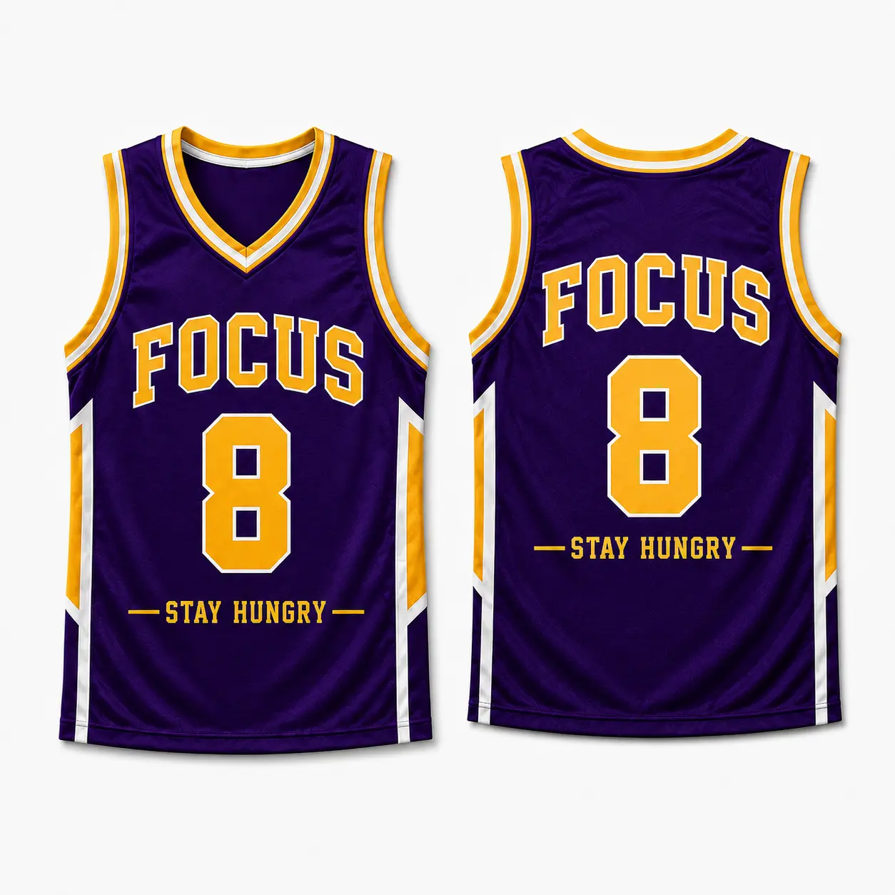 Unisex Focus 8 Graphic Sleeveless Polyester Basketball Jersey - Purple Gold V-Neck Short Top with Printed Front/Back, Lightweight Breathable Sports Style for Summer Daily Wear, Sporty Chic