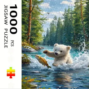 1000 Piece Bear Fishing Puzzle, Large Adult Family Interactive Toy, DIY Home Decor, Holiday Scene, Mixed Colors, Perfect Gift, Durable