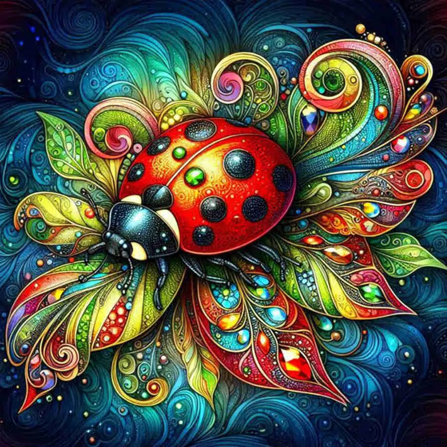 Colorful Psychedelic Ladybug Diamond Painting Kit, Ornate Swirly Art Style Lucky Ladybug with Jewel Background, High-Quality Full Drill Round & Square Rhinestone Mosaic, 5D DIY Handmade Cross Stitch Home Wall Decor