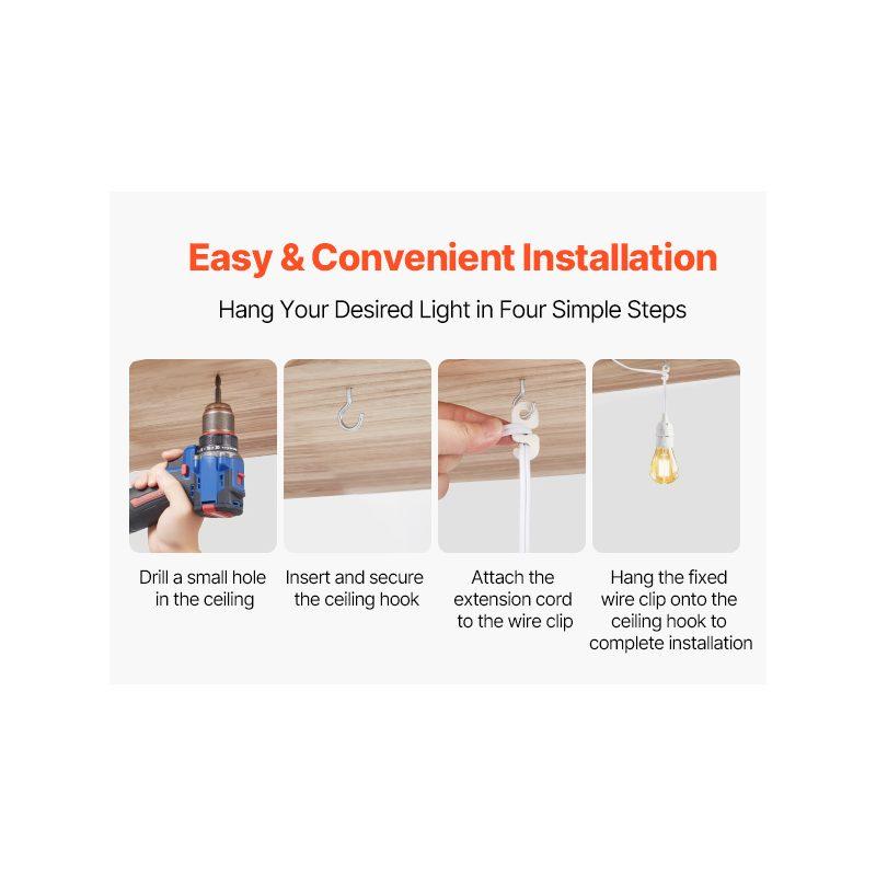 VEVOR Plug in Hanging Light Cord Kit, 16ft Lantern Extension Cords, 2 Pack E26 Light Socket Lamp Cord Replacement, Secure Sturdy, Easy to Install, Pendant Lamp Kit On/Off Switch Socket Rings