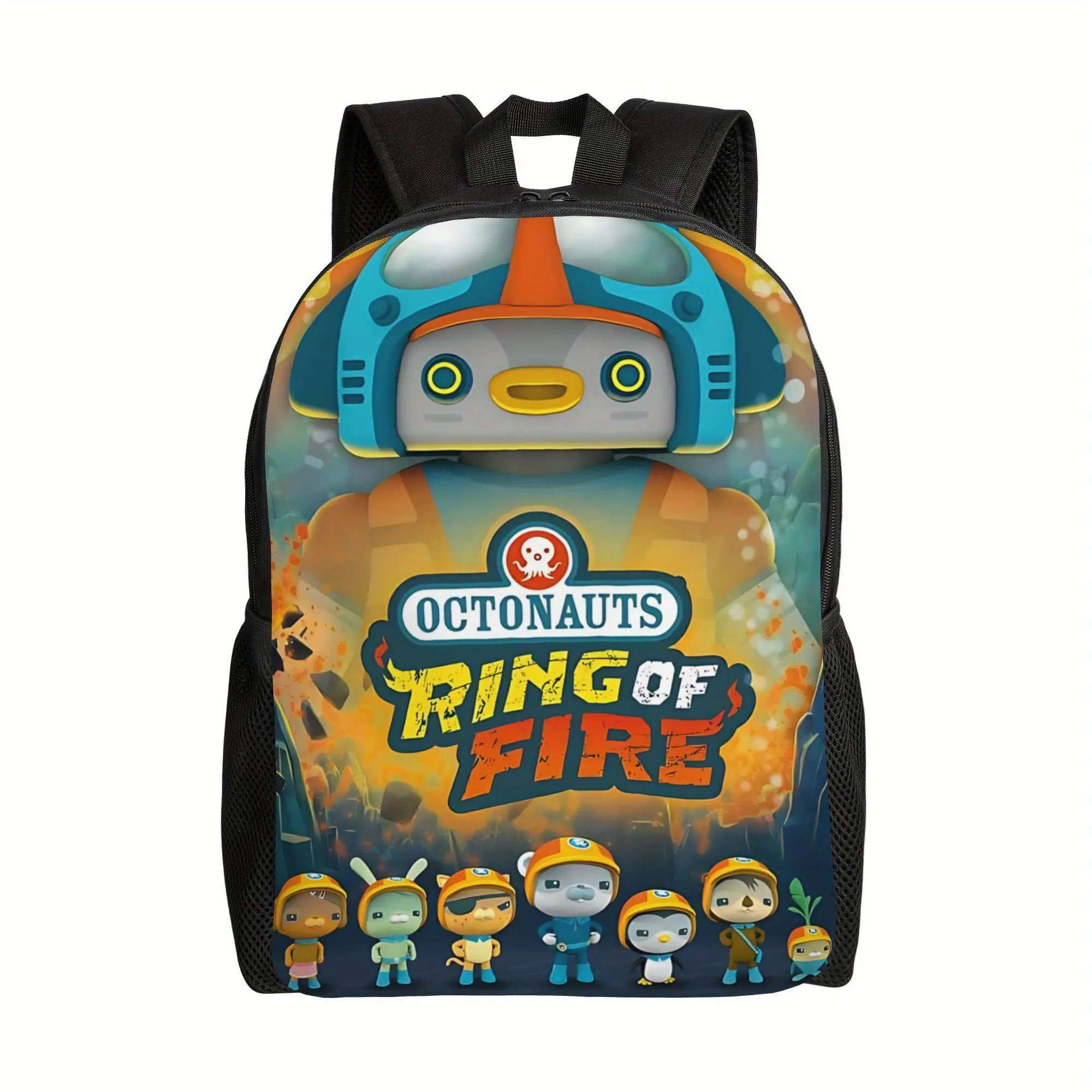 Bucked Up Octonauts Ring Of Fire Full Crew Poster Print Kids Backpack, 600D Oxford, Lightweight Breathable Padded Straps, Multi-Pocket, Hand Washable, for Back to School Haul, Outdoor Play, Aquarium Trips, Cartoon Character Fans (Fits Sketchbooks), 15-Inc