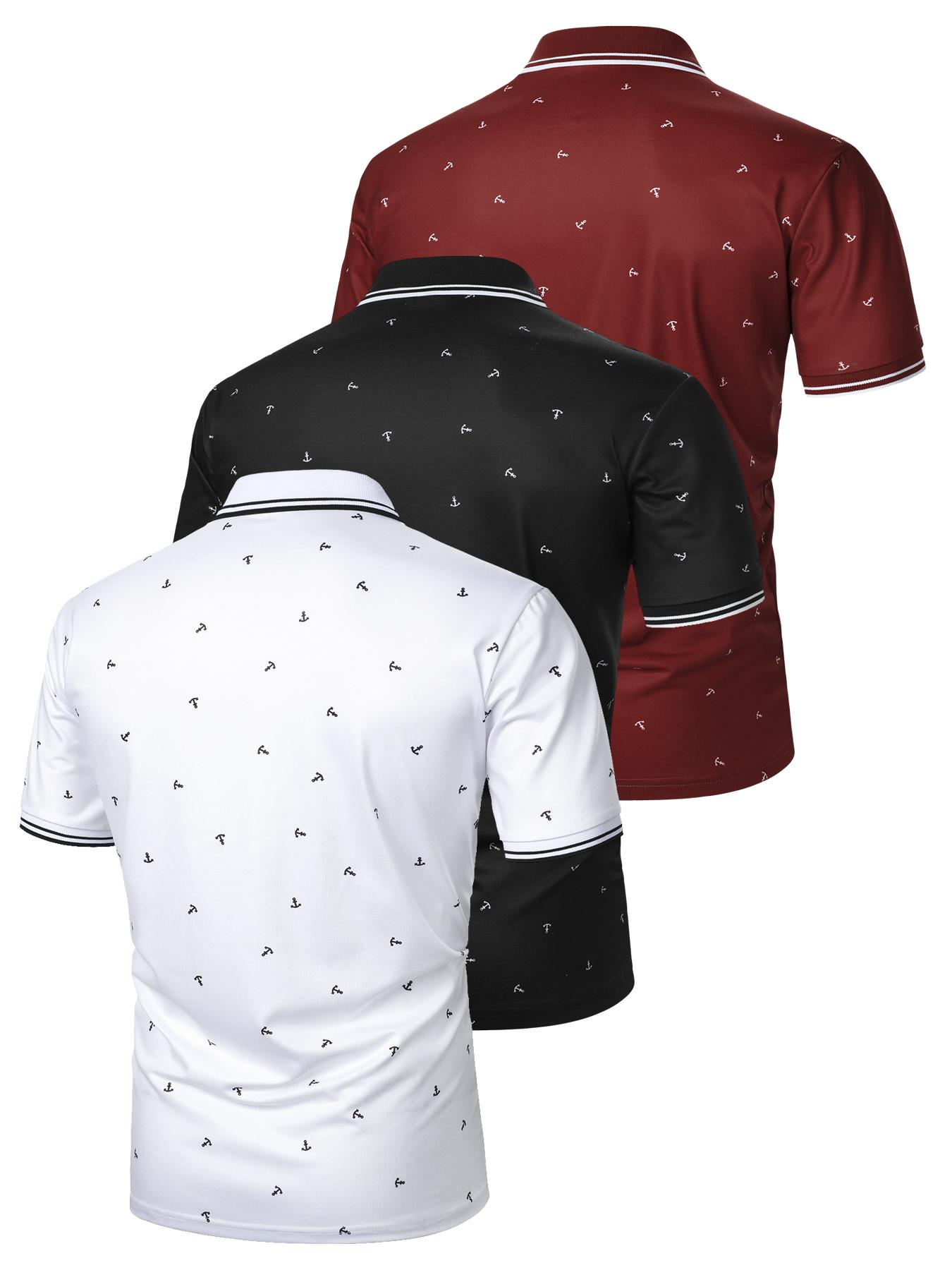 Men's Anchor Print Knit Polo Shirt, Regular Fit Casual Short Sleeve Collared Top for Summer, Fashion Men's Clothes for Daily Wear, Fitted