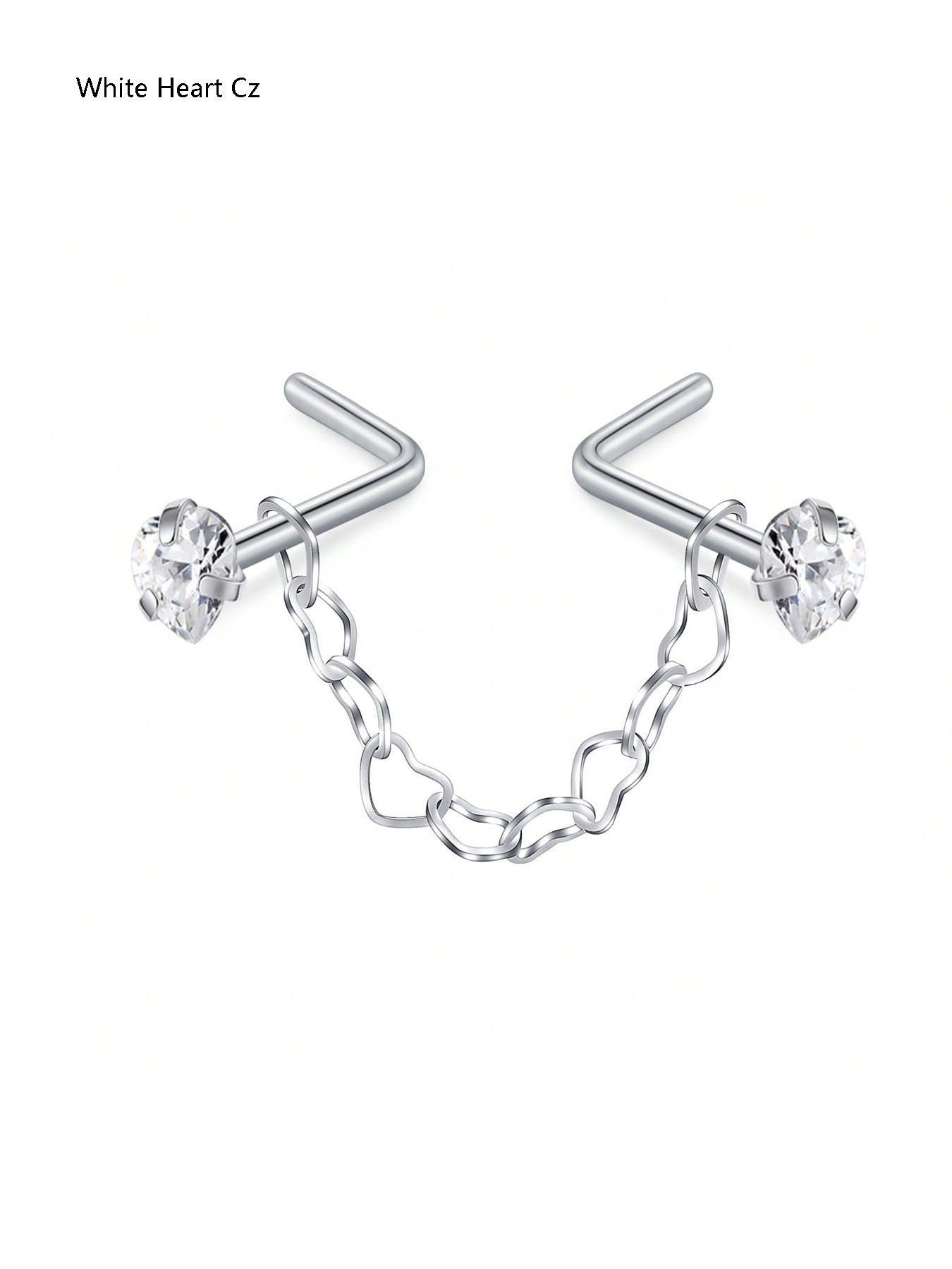 Fashion Stainless Steel Nose Ring with Chain, Cubic Zirconia Heart Design, Synthetic Zircon L-Shaped Piercing Jewelry