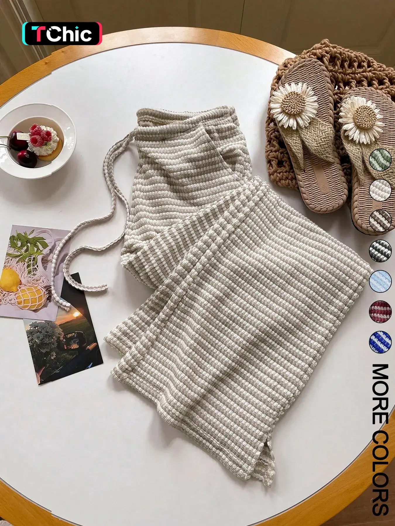 Women's Summer Knitted Striped Adjustable Drawstring Pocket Casual Baggy Loose Oversize Wide Leg Pants, Perfect for Daily Wear and Vacations