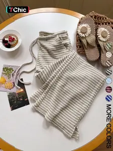 Women's Summer Knitted Striped Adjustable Drawstring Pocket Casual Baggy Loose Wide Leg Pants, Perfect for Daily Wear and Vacations