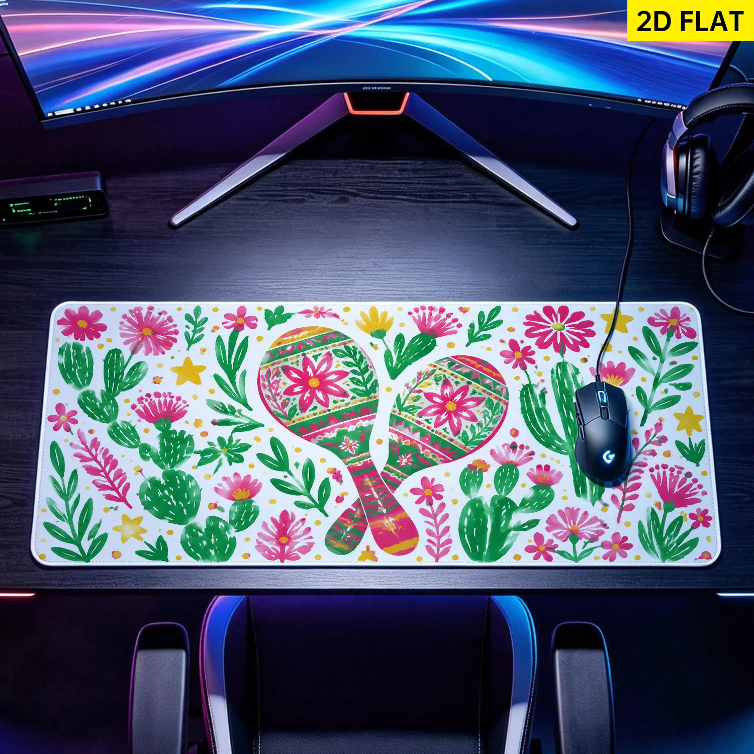 Extra Large festive Mexican maraca and cactus floral Mouse Pad,Non Slip Rubber Pad,Desktop Decoration Drotection Pad,Washable,Lock Edge Multi Size,Premium Multipurpose Mousepad For Home,Office,Gift for Family and Friends