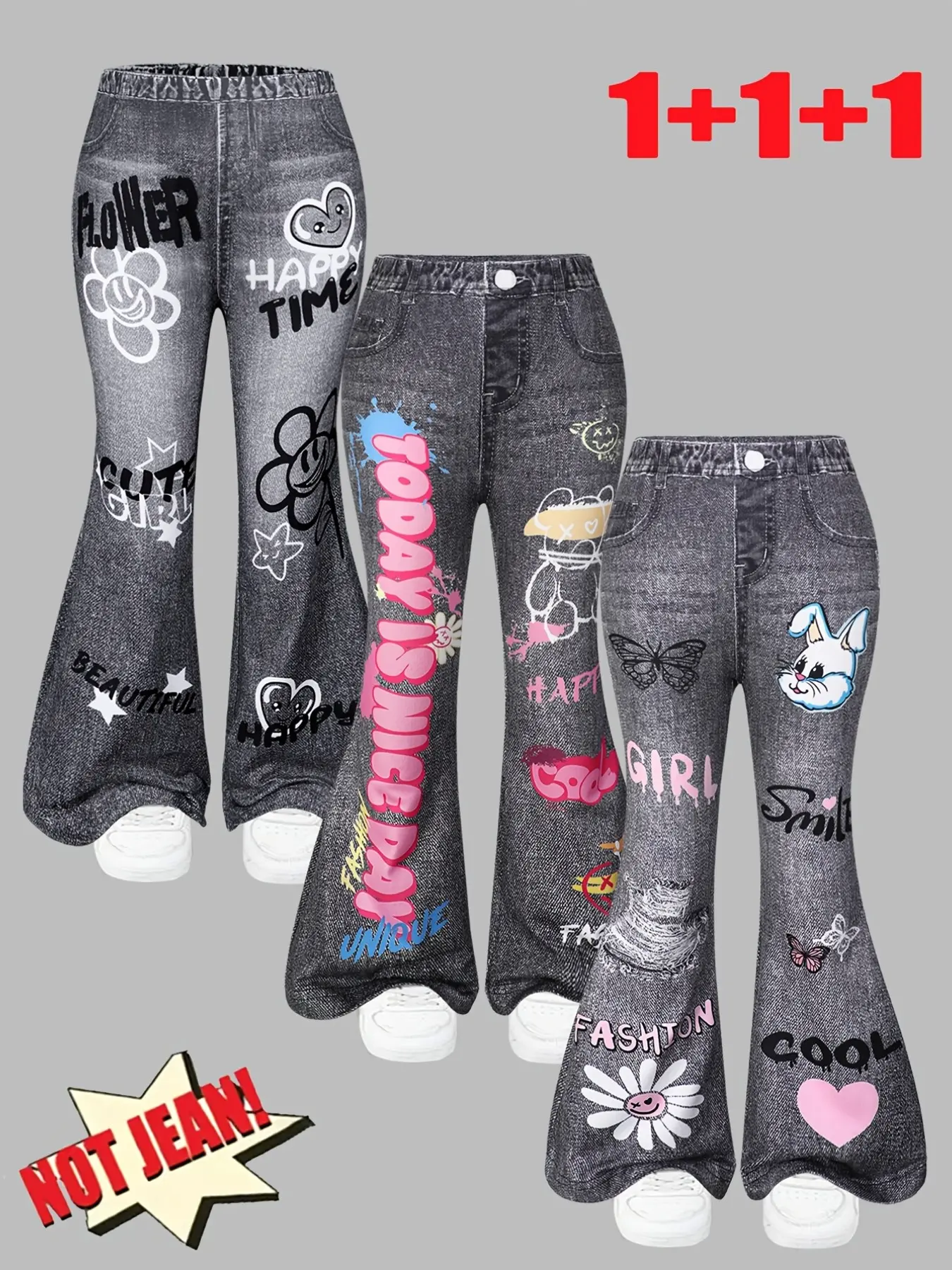 3-Pack Girls' Flare Pants, Elastic Waist, Faux-Denim Look Knit, Hand-Drawn Letter Graffiti / Kawaii Butterfly & Floral Patterns, Soft & Comfortable
