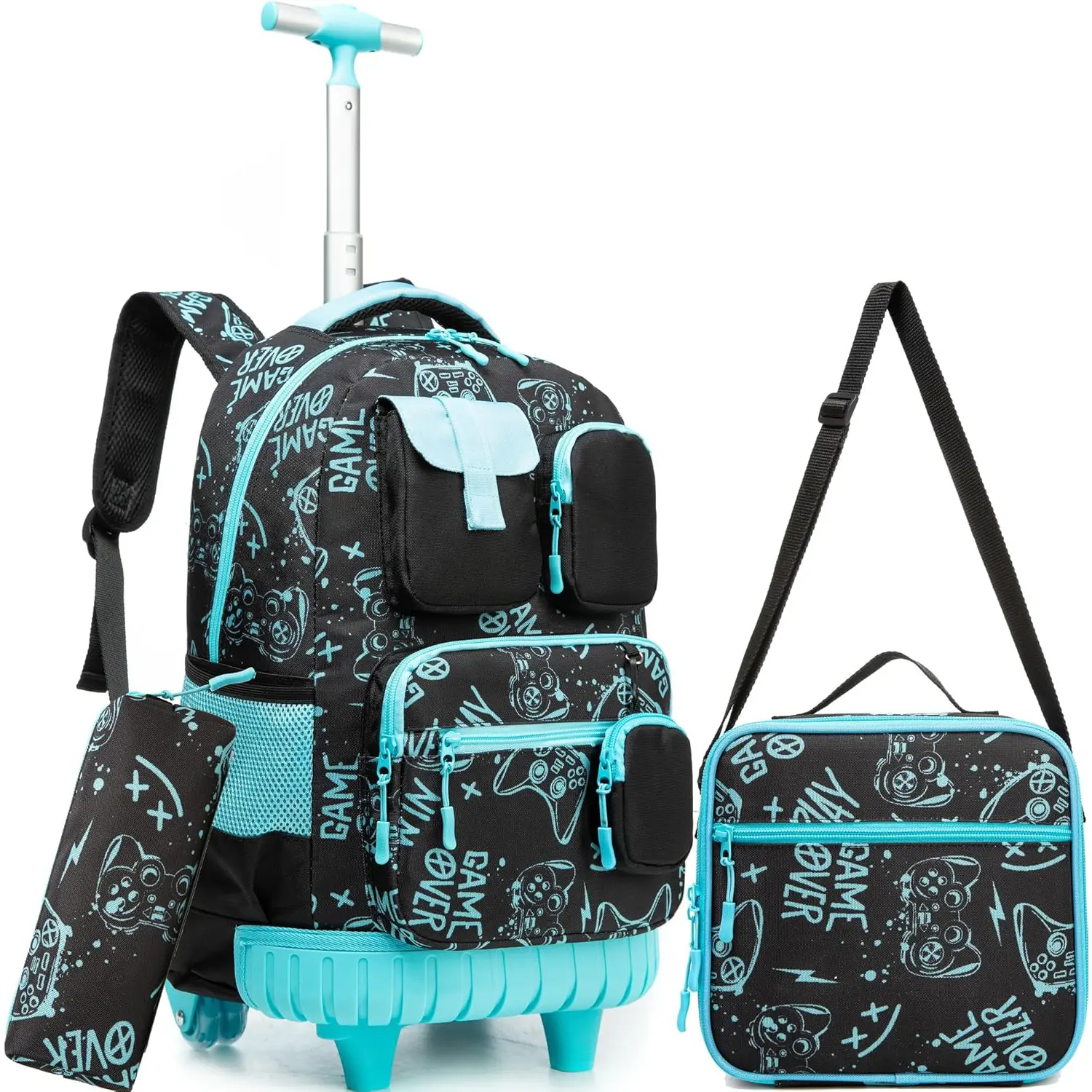 Cool Game Over Rolling Backpack 3pcs Set for Boys | Gamer Controller Kids School Bag with Insulated Lunch Box & Pencil Case | Large Capacity Bookbag with Wheels, T-Handle Trolley Bag 2026
