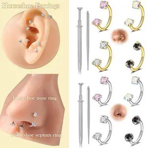 6Pcs Stainless Steel Horseshoe Nose Ring Grabber Body Piercing Jewelry Set Bohemian Adjustable Colorful Double Cubic Zirconia Horseshoe-shaped Nose Ring Half Hoop U Shape Cartilage Spiral Tragus Earring Hoops Labret Lip Helix Piercing Jewelry