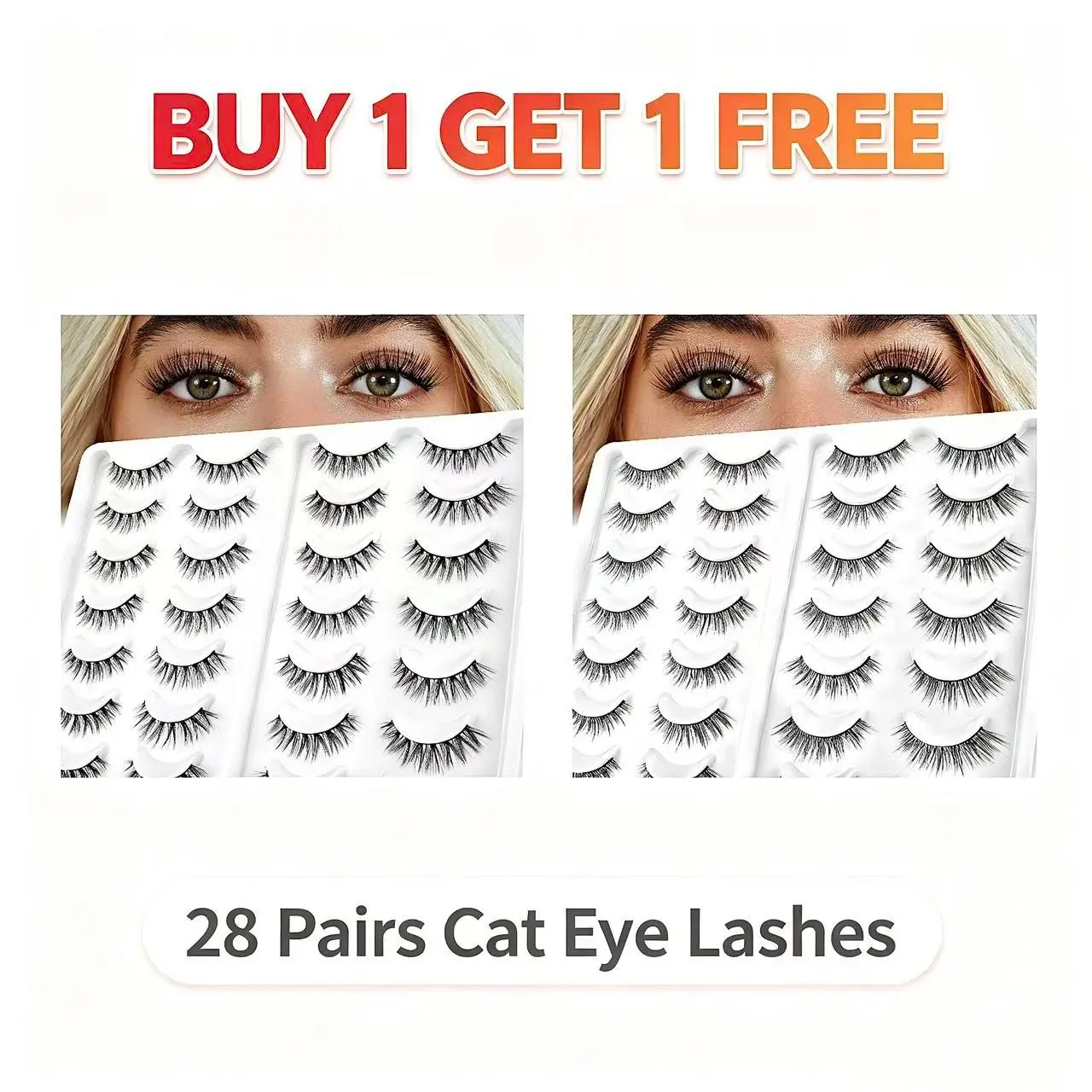 Buy One Get One Free, 28 Pairs Full Strip False Eyelashes, Fluffy Cat Eye Lashes, Reusable Mink Fiber, Ideal for Daily, Party, Wedding Makeup