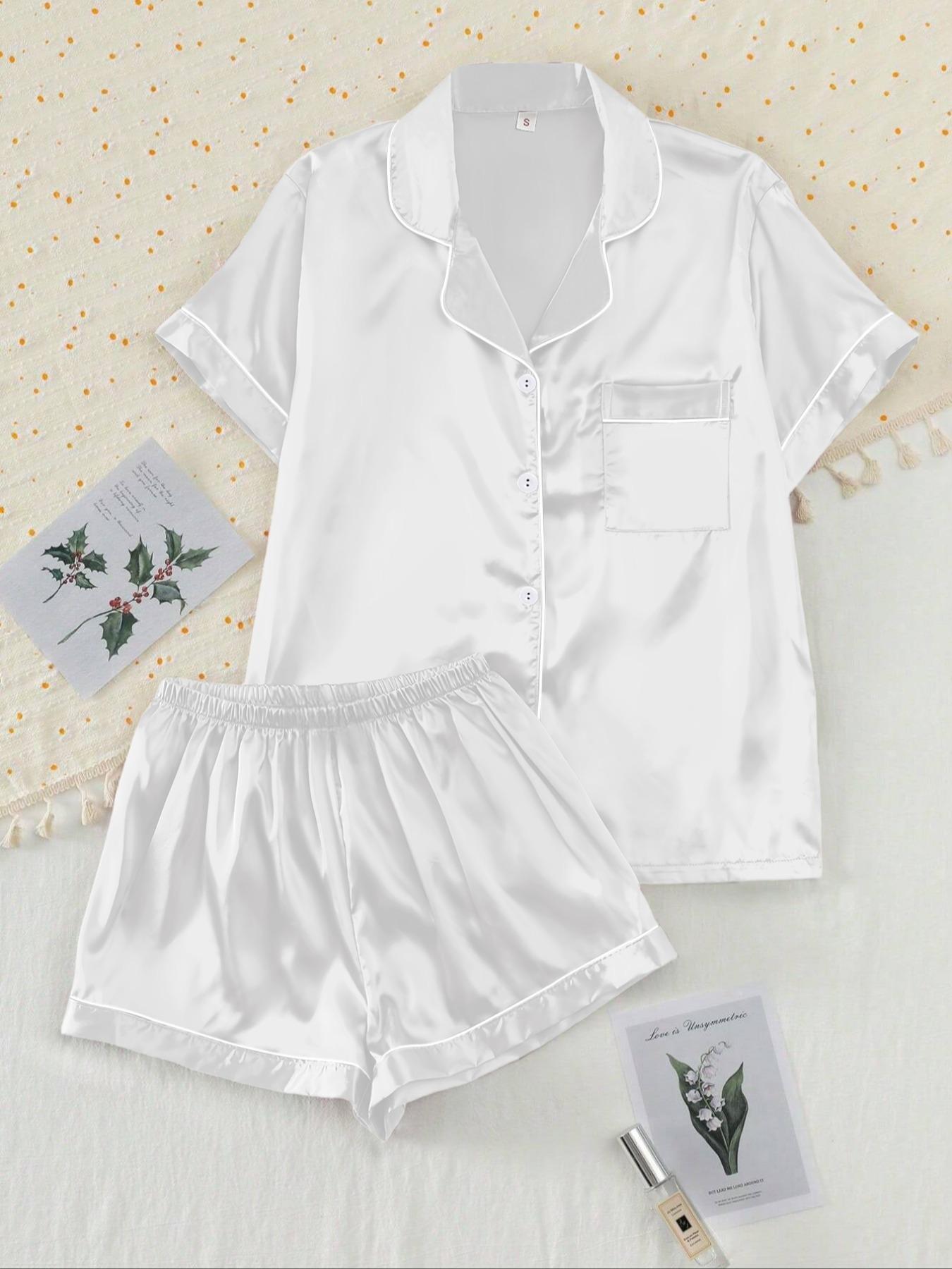 【Valentine's Day】Two-piece Set Women's Shirt & Shorts Satin Pajama, Ladies Summer Sleepwear