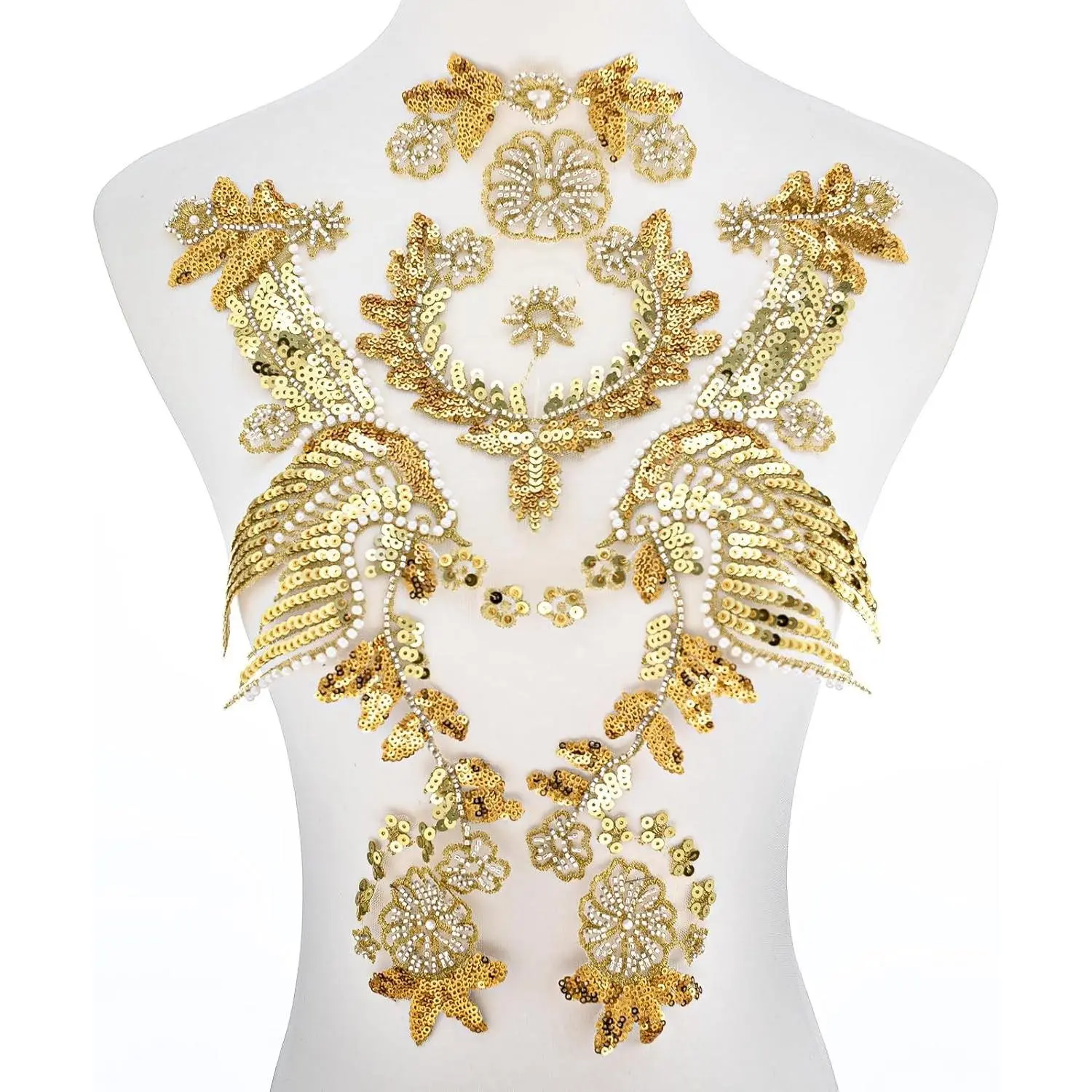 Gold Embroidery-Phoenix Motif Applique with Pearls & Sequins, Handmade Sewing Tool for Wedding Gown Bodice Costume Craft DIY (Gold-3)