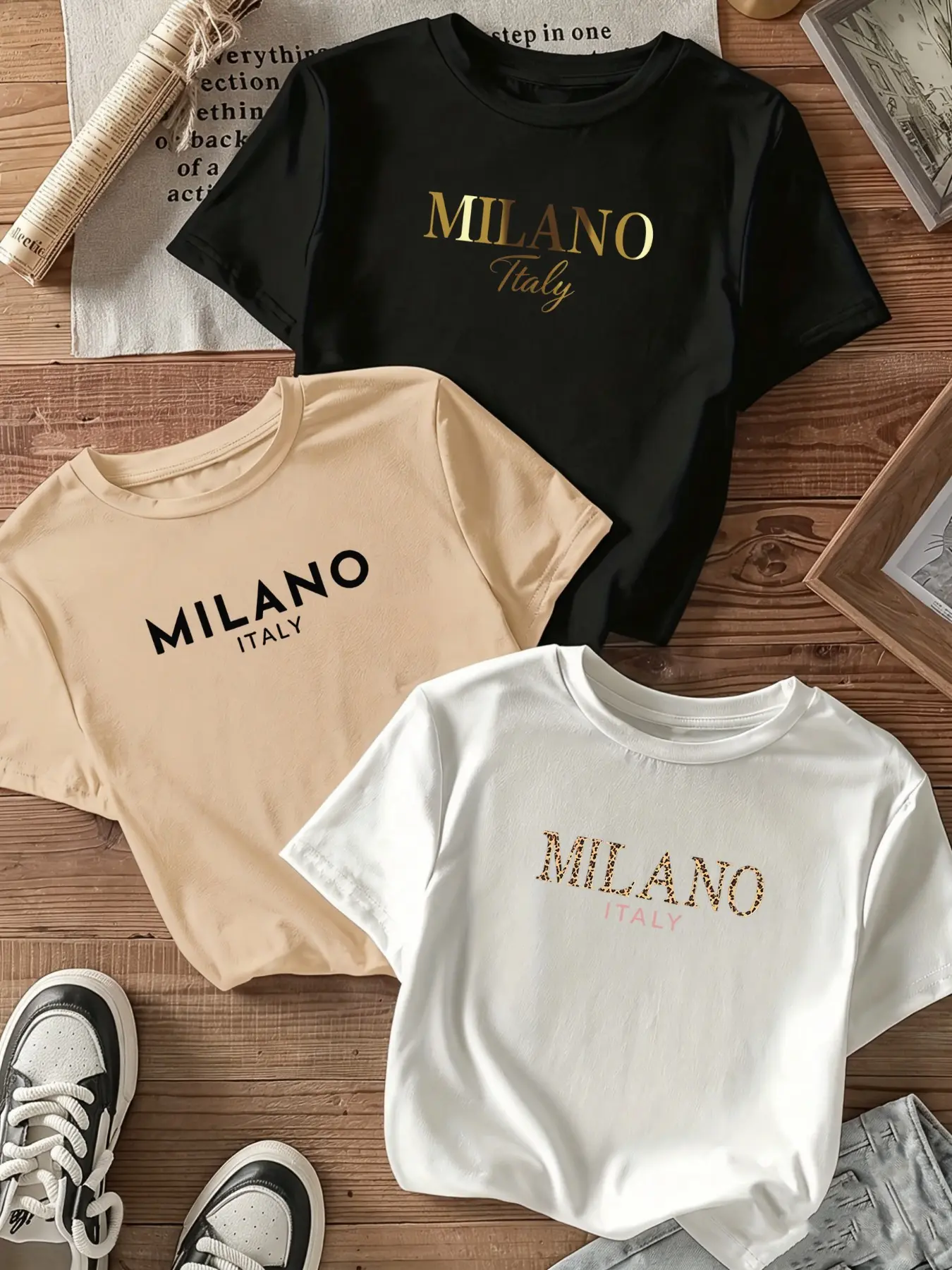3-Pack Women's Casual T-Shirts, Milan Letter Print, Polyester, Round Neck, Short Sleeve, Comfortable for Spring & Summer