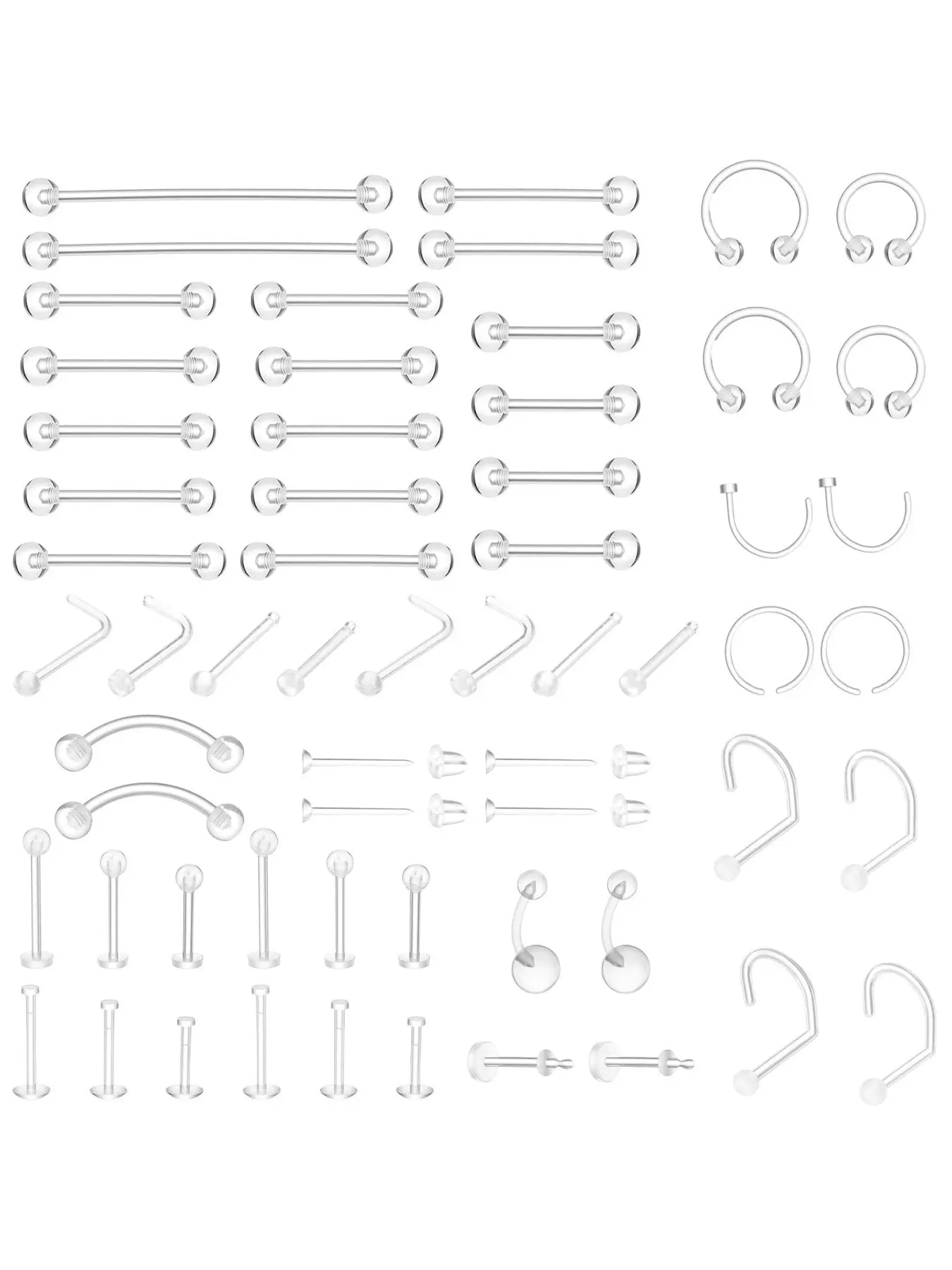 60 Pcs Clear Piercing Retainers for Surgery Bioflex Plastic Jewelry for Nose Ring Septum Retainer Eyebrow Lip Cartilage Tragus Earrings Belly Nipple Tongue Industrial Lip Labret Rings Studs for Work