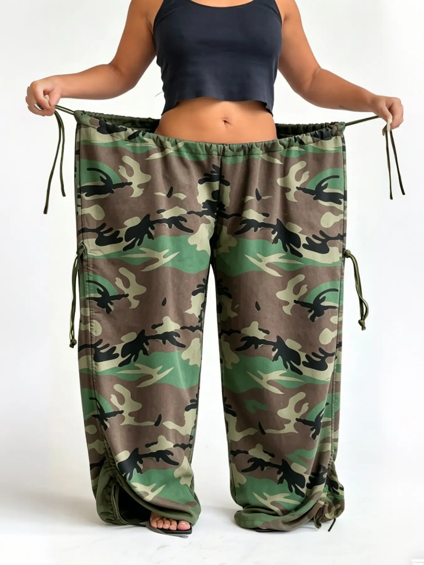 High-Waisted Casual Wide-Leg Pants, Drawstring Loose Fit Camouflage Print, Spring & Fall Fashion, Long Regular Length, Plain Surface, Army Camo Pants