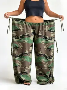 High-Waisted Casual Wide-Leg Pants, Drawstring Loose Fit Camouflage Print, Spring & Fall Fashion, Long Regular Length, Plain Surface, Army Camo Pants