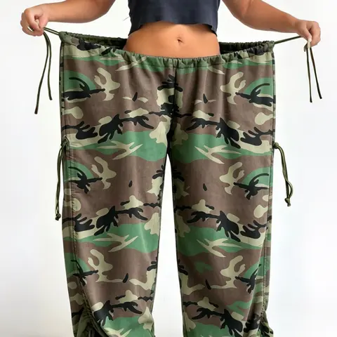 High-Waisted Casual High Rise Wide-Leg Pants, Drawstring Loose Fit Camouflage Print, Spring & Fall Fashion, Long Regular Length, Plain Surface