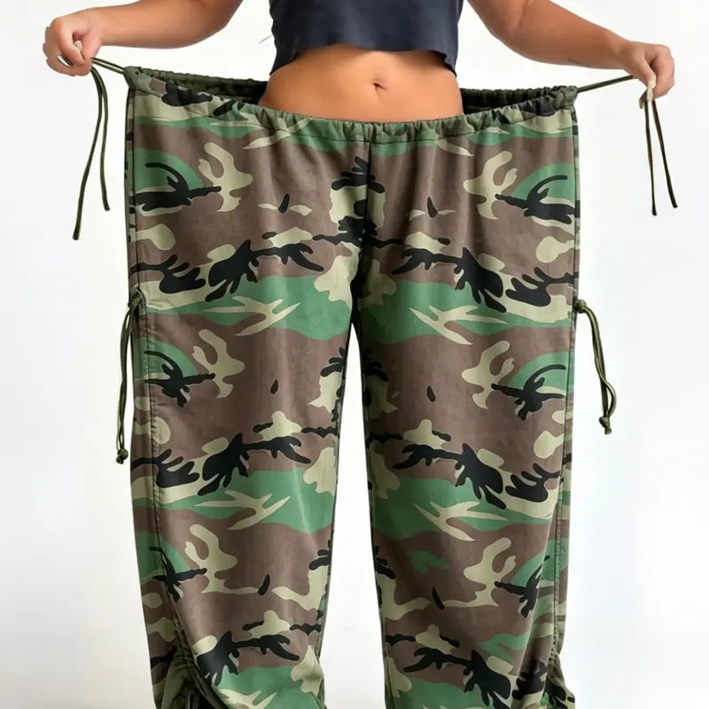 High-Waisted Casual High Rise Wide-Leg Pants, Drawstring Loose Fit Camouflage Print, Spring & Fall Fashion, Long Regular Length, Plain Surface