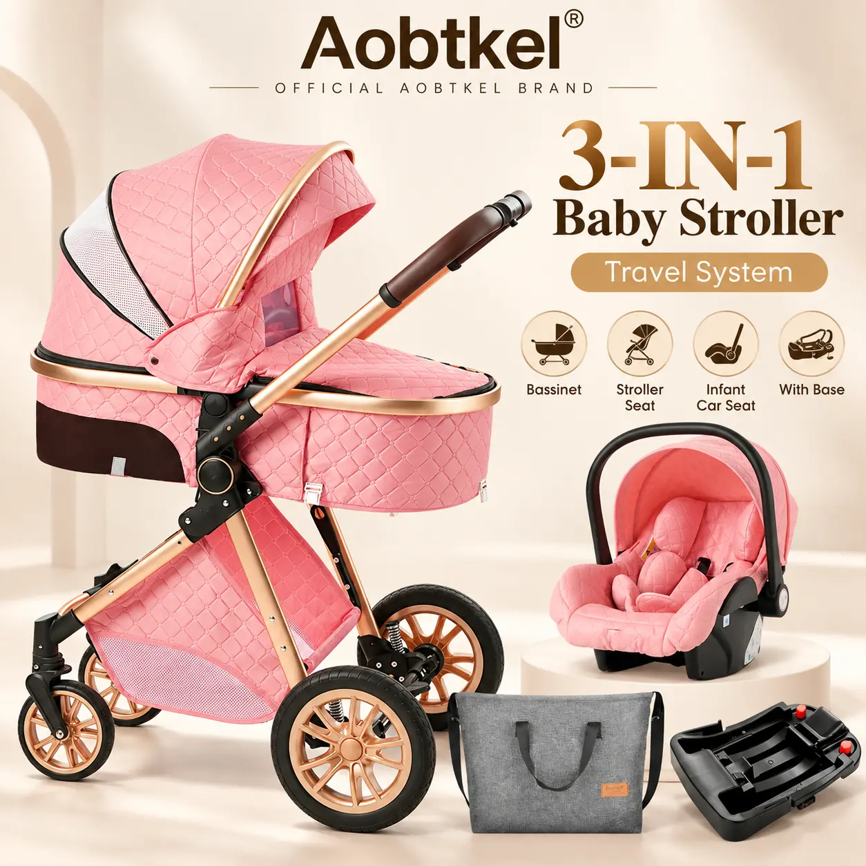 Aobtkel Pink 3-in-1 Baby Stroller Travel System with Bassinet, Infant Car Seat & Base, Reversible Seat, Foldable Pram, High Landscape Pushchair, Aluminum Frame, Canopy & Storage Basket for Newborns, Daily Walks and Travel