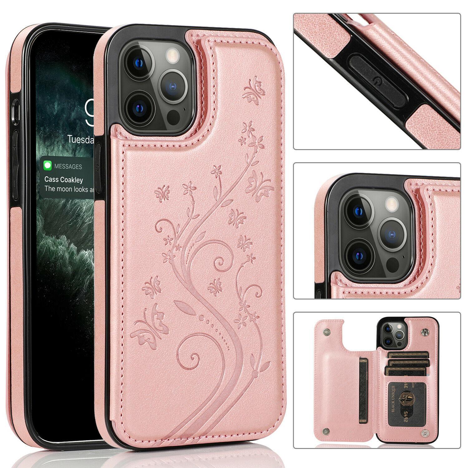 HISTORYOO Card Slots Case For iPhone 17 Pro Max Air 17 16 15 14 13 12 11 Pro Max 16 15 14 Plus / Pro Wallet Card Holder Stand Durable Magnetic Clasp Soft TPU Shockproof Back Cover Flower Butterfly Pattern Bumper Rubber Retro PU-Leather Phone Case