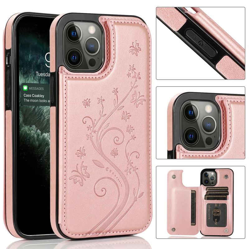 HISTORYOO Card Slots Case For iPhone 17 Pro Max Air 17 16 15 14 13 12 11 Pro Max 16 15 14 Plus / Pro Wallet Card Holder Stand Durable Magnetic Clasp Soft TPU Shockproof Back Cover Flower Butterfly Pattern Bumper Rubber Retro PU-Leather Phone Case
