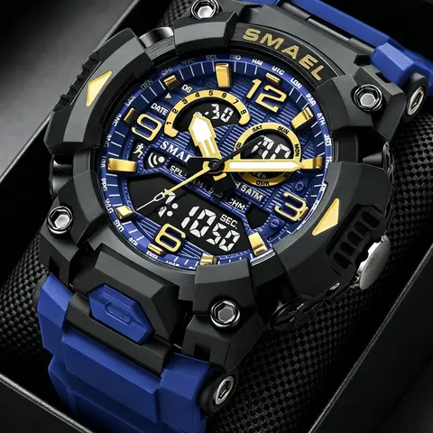 Smael Fashion Sports Casual Quartz Digital Analog Watch for Men, Dual Display Silicone Band, Waterproof with Alarm and Night Light Feature, Luminous Waterproof Watch, Dual Display Wristwatch