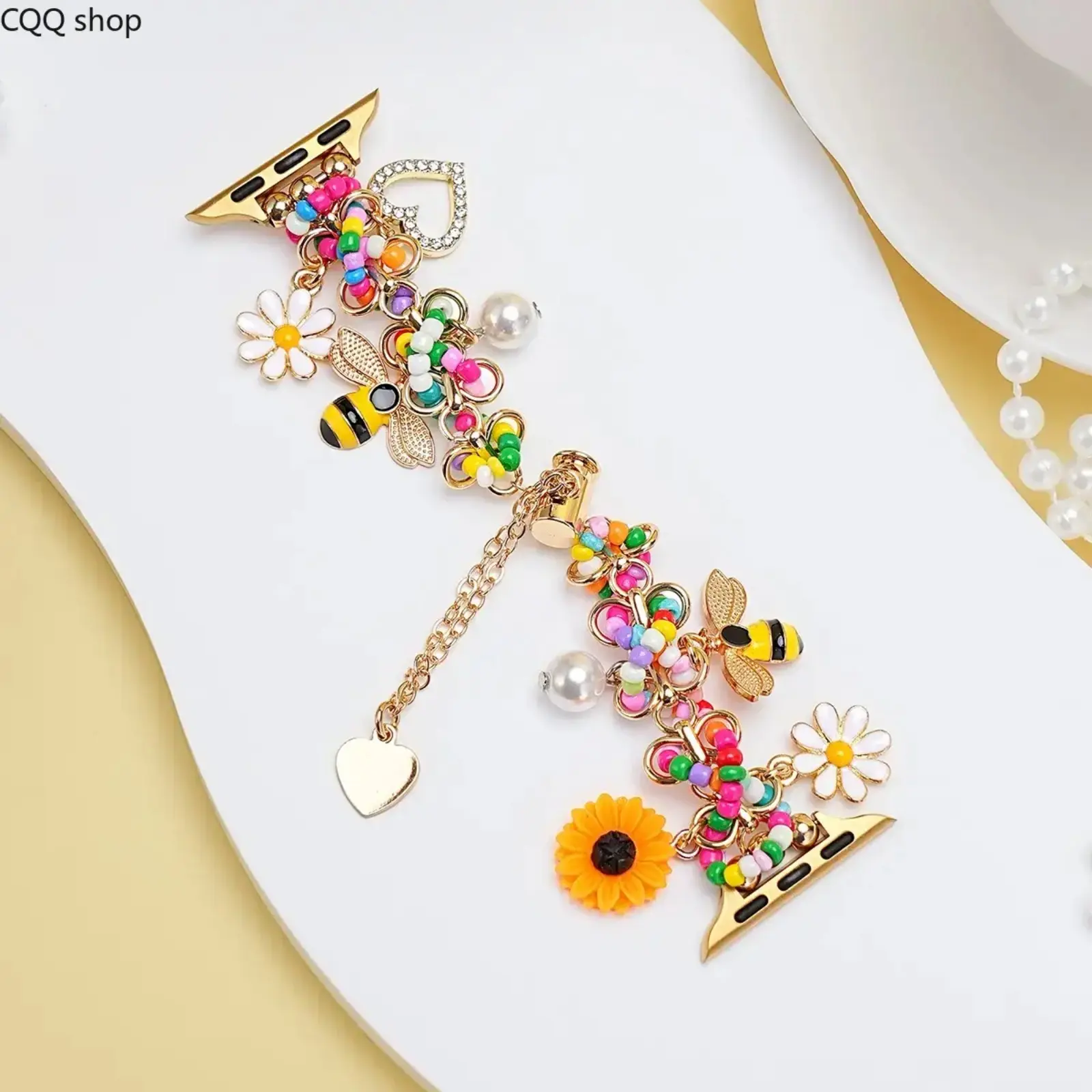 Women's Beaded Design Bracelet Strap with Sunflower, Daisy, Bee Charms, Compatible with Apple Watch Series 1-11, Ultra 1-3, Se, Perfect Gift