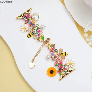 Women's Beaded Design Bracelet Strap with Sunflower, Daisy, Bee Charms, Compatible with Apple Watch Series 1-11, Ultra 1-3, Se, Perfect Gift