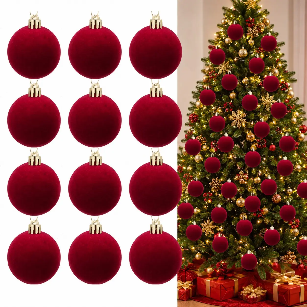 Burgundy Velvet Christmas Ball Ornaments Set, Shatterproof Flocked Xmas Baubles, Farmhouse Winter Festive Holiday Decor, 12/15/20/30pcs