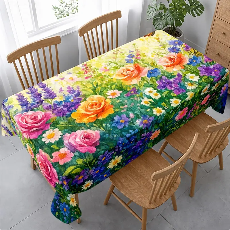 Watercolor Floral Tablecloth, Bright Garden Flowers Design, Waterproof Easy Clean, Romantic Home Atmosphere, Ideal for Family Dining