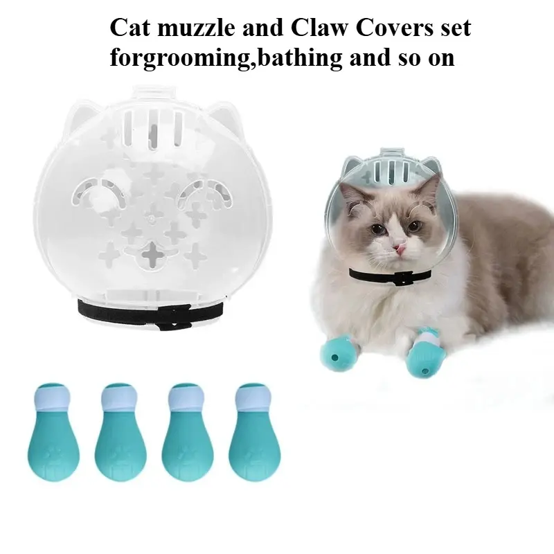 Cat Grooming Supplies Set Pack - Anti-Bite Breathable Hooded Helm, 4 PP+Silicone Paw Shoes for M/L Cats, Scratch Control, Skin-Friendly Pet Paw Protectors