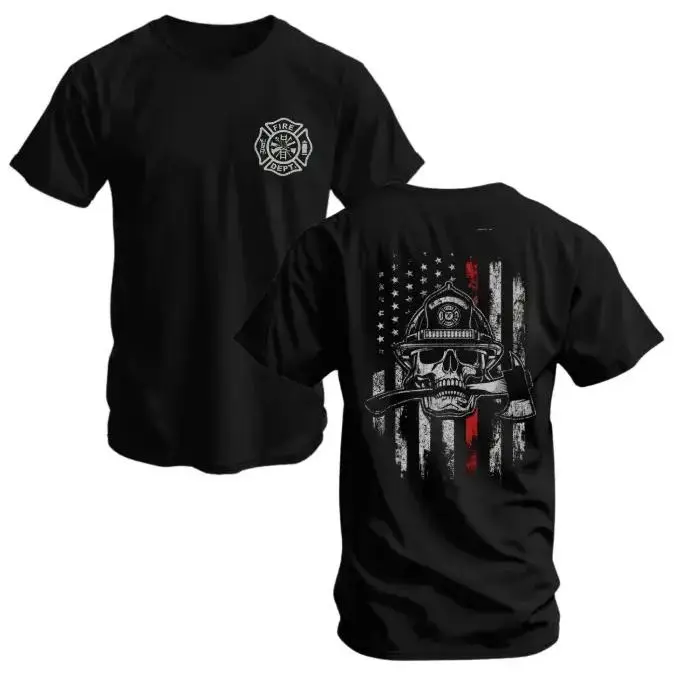 Firefighter Skull T-Shirt, Thin Red Line Flag and Axe Graphic, Soft Cotton Tactical Shirt, Bold Fire Dept Apparel for Men, Gift for Brave Firemen & Rescue Workers