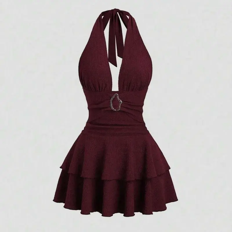Elegant Metal Detail Buckle Tiered Hem Halter Neck Dress, Short Party Dress, Perfect for Women, Stylish Evening Wear Trendy Choice