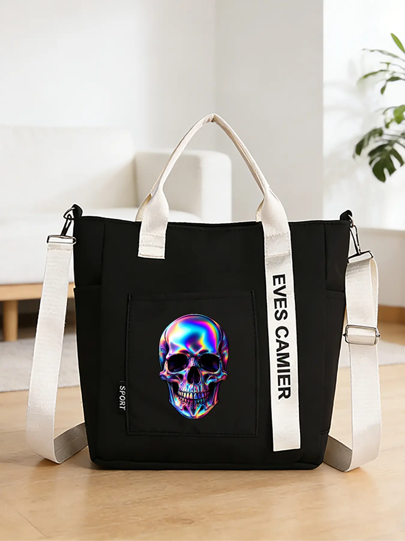 Laser Skull Pattern Crossbody Bag, Casual Shoulder Bag, Hand-held Shopping Tote, Convertible Hand-held and Crossbody Style. Suitable for Daily Shopping and Commuting, Equipped with Adjustable Shoulder Strap, Trendy Fashion Item, An Ideal Gift.