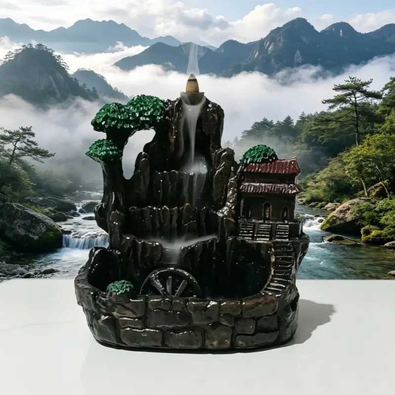 Mountain Waterfall Backflow Incense Burner, Chinese Pavilion Windmill Zen Home Decor, Elegant Censer for Relaxing Atmosphere, Home Fragrance Decor