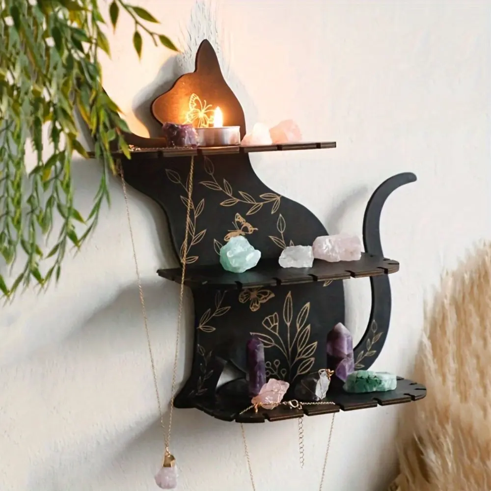 Large Wooden Cat Wall Shelf, Three-Tier Animal Theme Decor, Perfect for Home and Bedroom, Versatile Room Decoration Craft