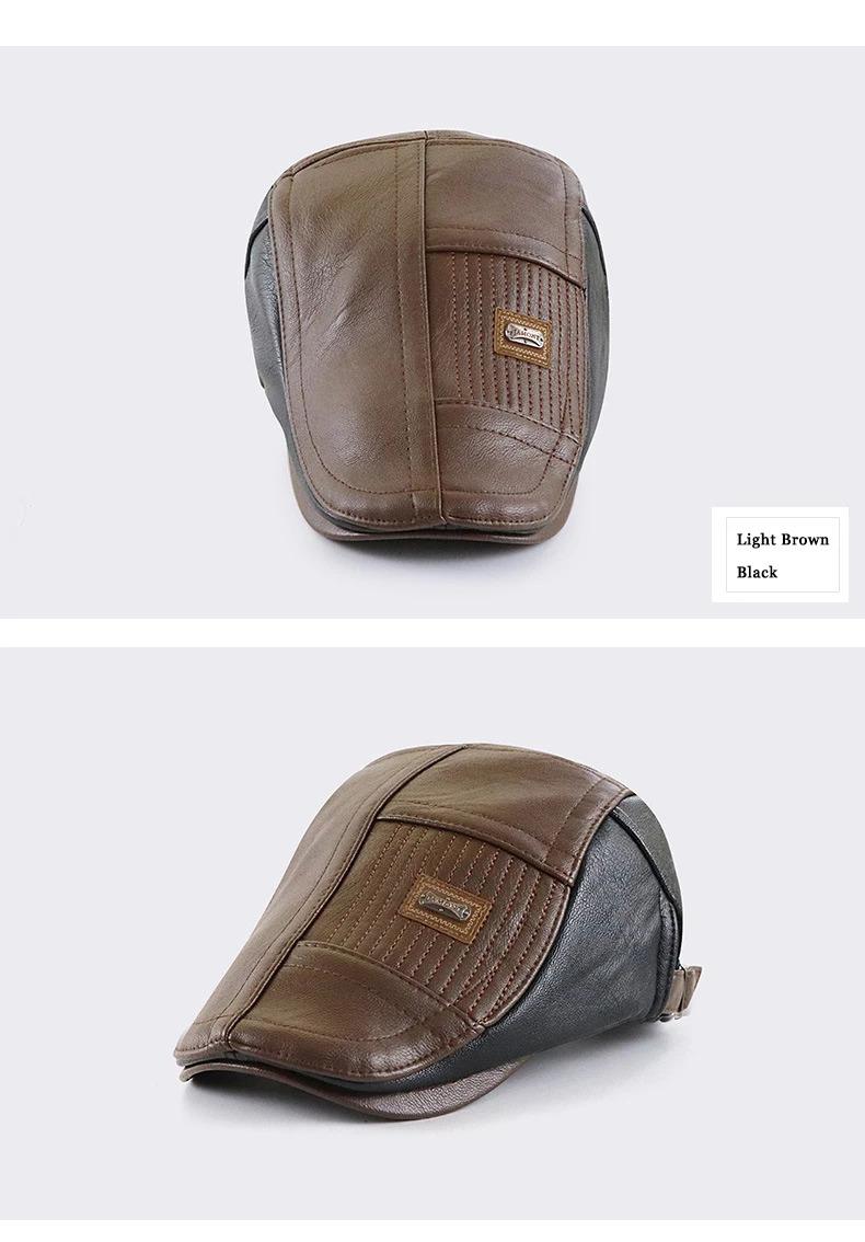 PU Leather Beret Hat Men Autumn Winter Faux Leather Duckbill Newsboy Cap Herringbone Middle-aged Men's Flat Peaked Cap For Dad