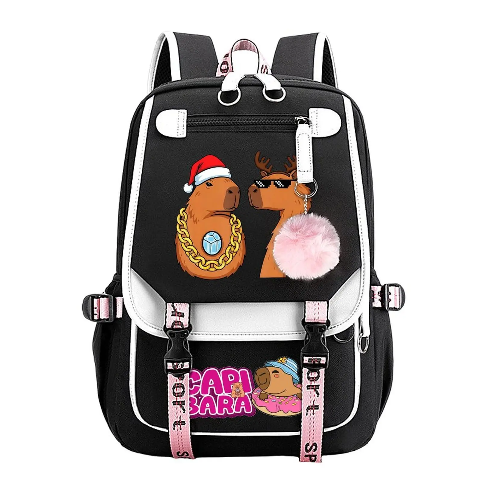 Capybara Christmas Print Unisex Animal Theme Backpack, Casual Cotton Linen Teen Student School Bag, Water-Resistant Durable Large Capacity Multi-Pocket Organizer, 11.4in×18.1in Holiday Gifts, Backpacks For School
