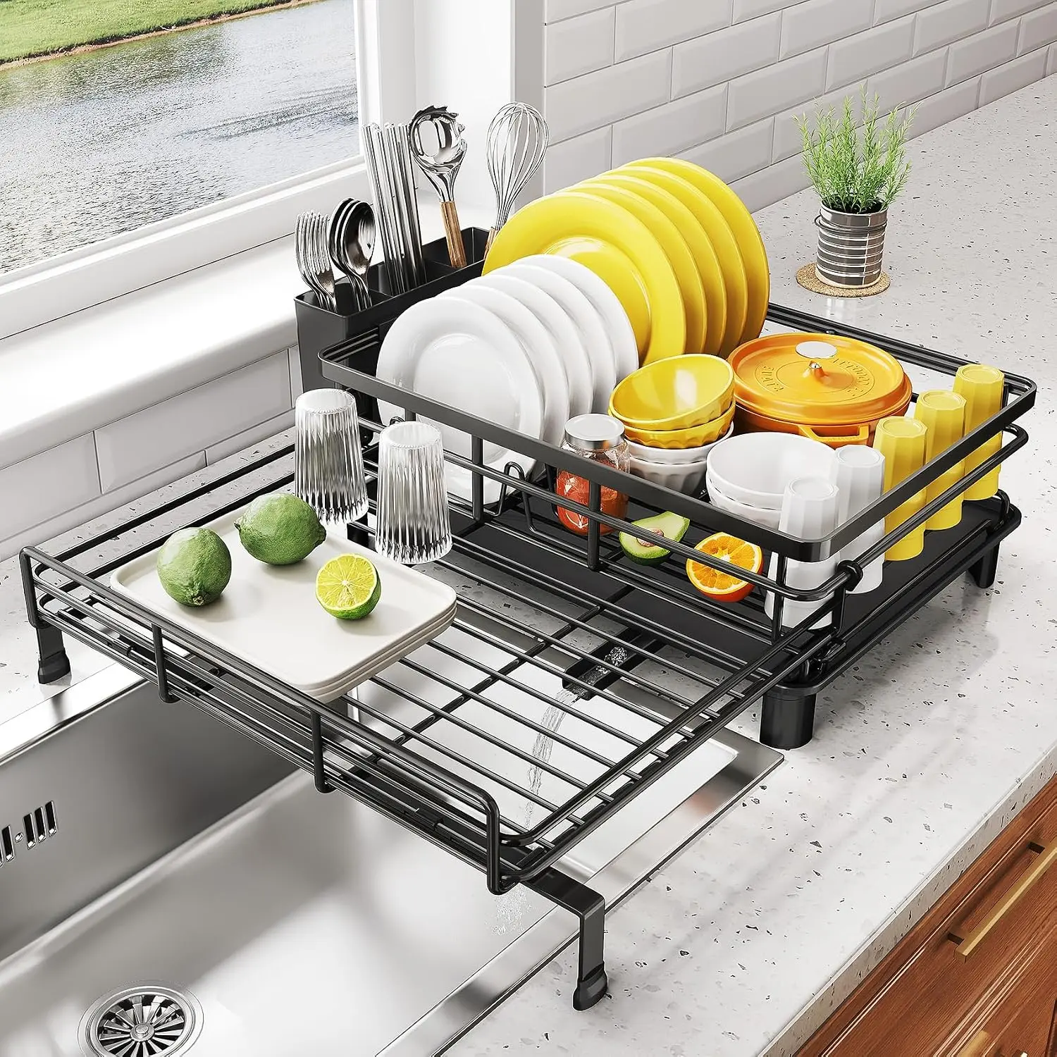Stainless Steel Black Expandable Dish Drying Rack for Kitchen Counter - Daily Use Functional Kitchen Utility, Foldable Over Sink, Large Capacity, Adjustable Fit, Angled Drainboard, Removable Utensil Holder, Slip Resistant