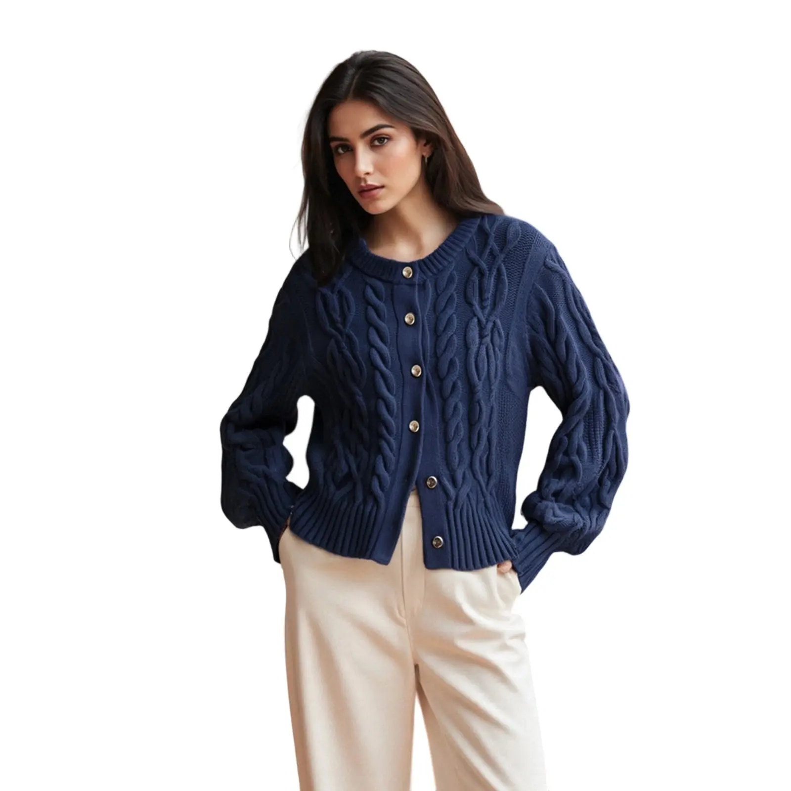 Women's Cable Knit Cardigan, a Casual Long Sleeve Button-Up Top for Fall Streetwear, Warm Fashion Apparel in a Polyester Elastane Blend, Tops, Polyester Blend, 1 Women Sweater, Party, Hand Wash Only, Solid Color Cable Pattern, Do Not Bleach, Garment