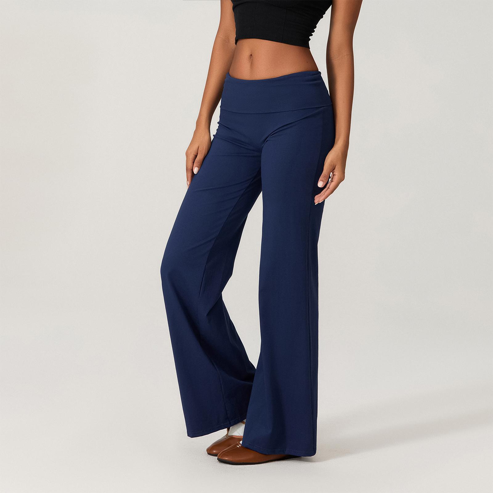 Women Blue Elastic Wide Leg Pants Ladies Female Casual Cute Striped Print Folded Waist Trousers Leggings for Work Office Streetwear