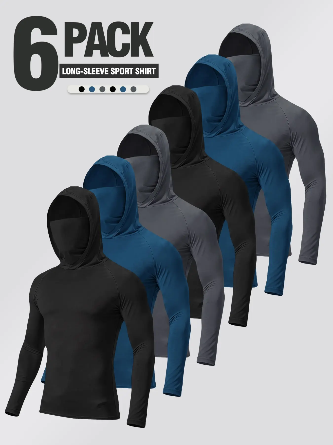 Men's 6-Pack Outdoor Hooded Long-Sleeve Athletic Tops with Face Cover, Running, Cycling, Camping, Hiking, Fitness Training & Casual Sports Shirts, Hooded Sportswear