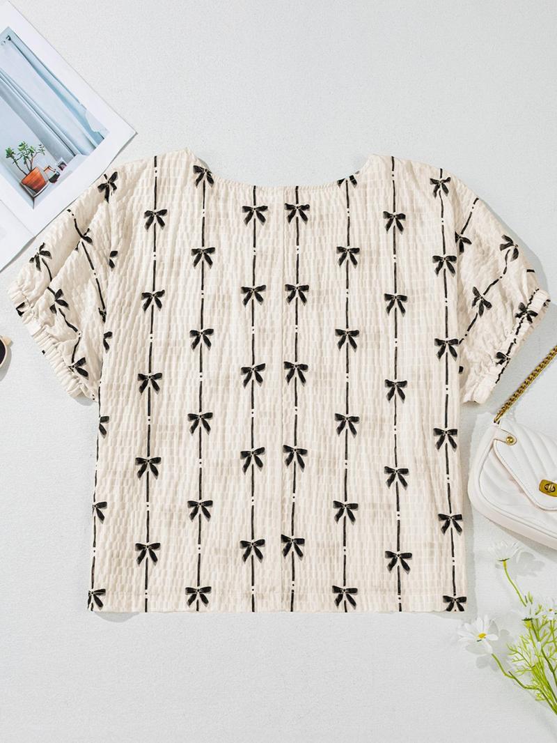 Women's Bow Print Tee, Casual Short Sleeve T-shirt for Daily Wear, Ladies Clothes for All Seasons