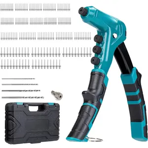 One-Handed Rivet Gun, Pop Rivet Gun Set, Professional Hand Riveter, Manual Riveting Tool with 200 Rivets  Metal, Includes 4 Drill Bits, 4 Tool-Free Interchangeable Heads, Storage Case