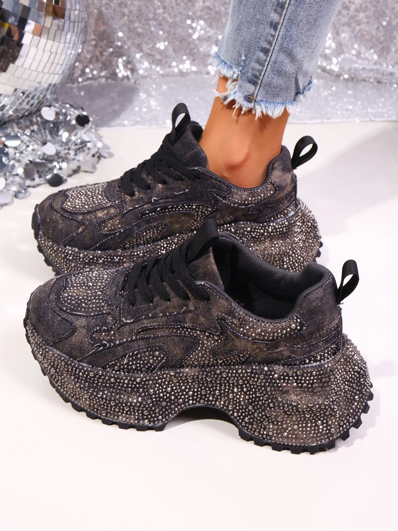 New Rhinestone Platform Women's Shoes, Full Shoe Rhinestones Anti-Slip Thick Sole, Street Fashion Versatile Height-Boosting Dad Sneakers