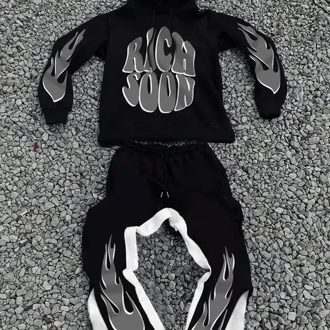 Two-piece Set Men's Fire Flame and  Letter Print Drop Shoulder Hoodie & Elastic Waist Sweatpants, Regular Fit Casual Fashion Cozy Breathable Fabric Two Piece Outfits for Daily Workout Running, Men's Clothes for Fall & Winter Menswear Casual Clothing Set