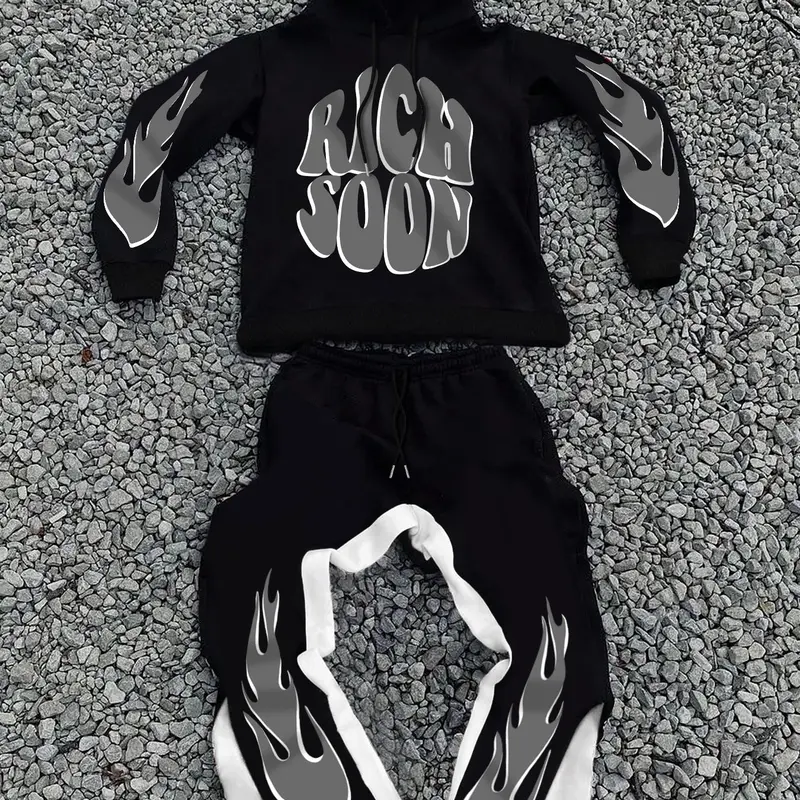 Two-piece Set Men's Fire Flame and Letter Print Drop Shoulder Hoodie & Elastic Waist Sweatpants, Regular Fit Casual Fashion Cozy Breathable Fabric Two Piece Outfits for Daily Workout Running, Men's Clothes for Fall & Winter Menswear Casual Clothing Set