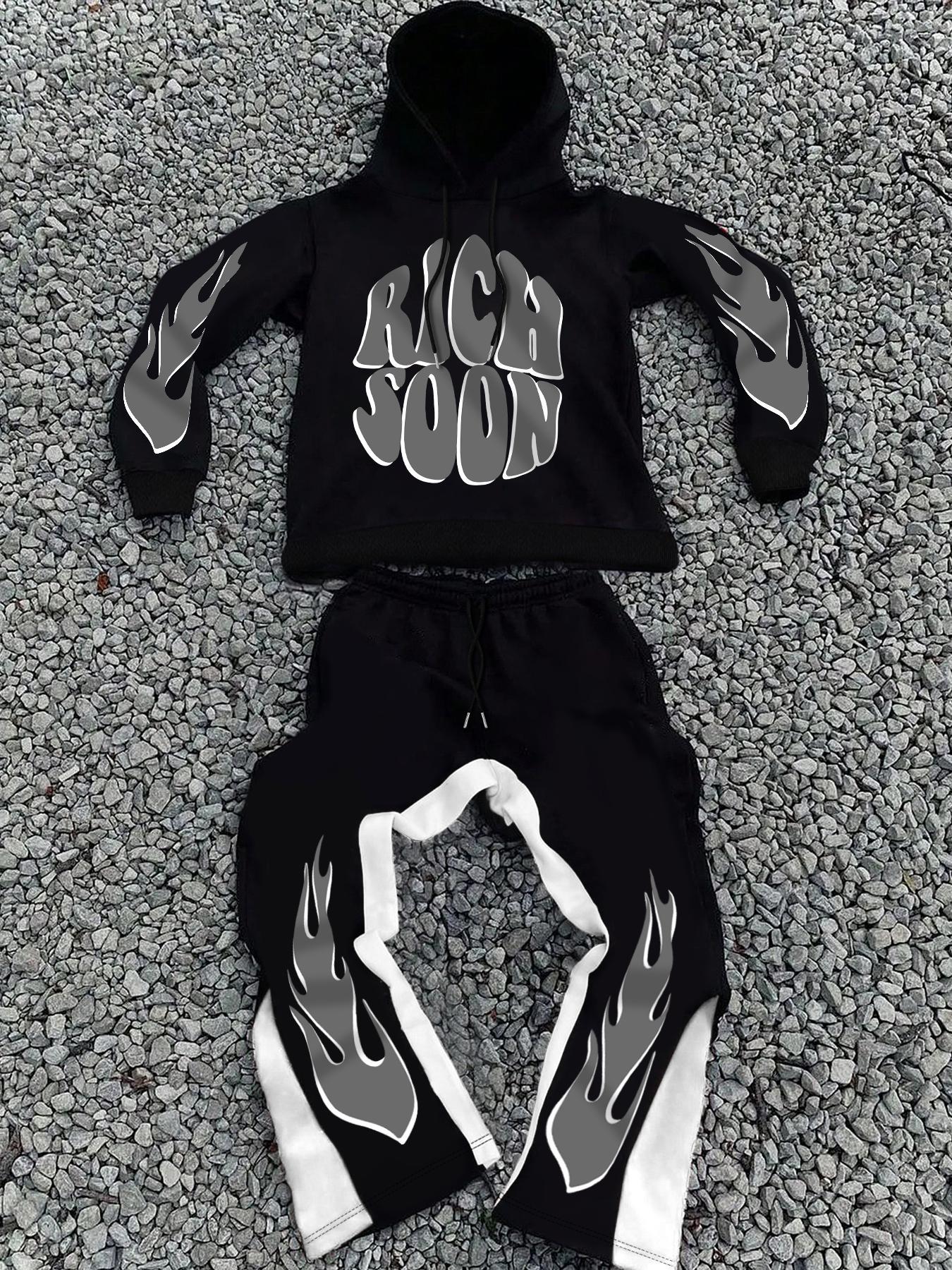 Two-piece Set Men's Fire and  Letter Print Drop Shoulder Hoodie & Elastic Waist Sweatpants, Regular Fit Casual Fashion Cozy Breathable Two Piece Outfits for Daily Workout Running, Men's Clothes for Fall & Winter